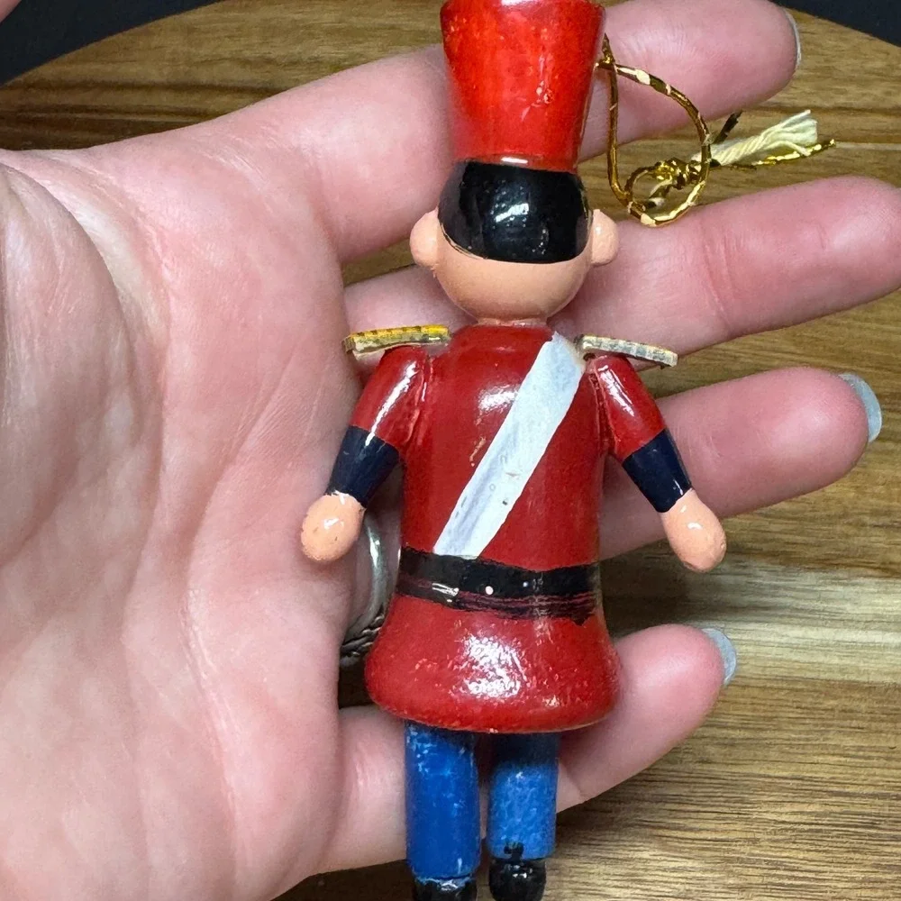 Vintage Wooden Toy Soldier Christmas Ornament Red Uniform Hand Painted 3.5 Inch